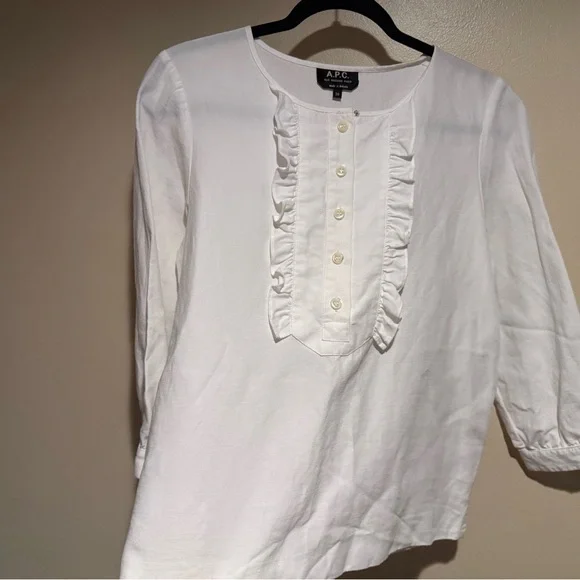 A.P.C.  Rue Madame Paris 3/4 sleeve ruffle front blouse tencel linen blend - Picture 3 of 7